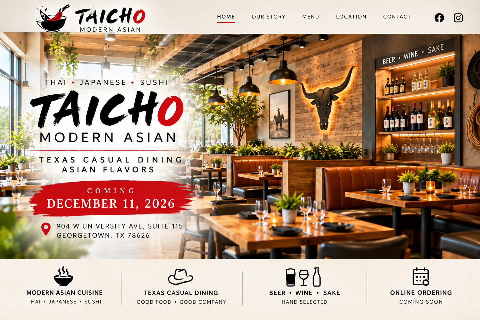Concept illustration of Taicho Modern Asian, a bright Texas casual dining restaurant serving Thai, Japanese and sushi, opening December 11, 2026 in Georgetown, Texas. Beer, wine and sake; online ordering coming soon.